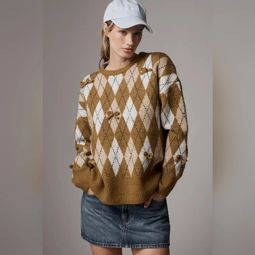 Anthropologie Maeve 3D Bow Argyle Crew-Neck Jumper - Picture 9 of 9